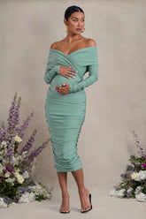 Sage Ruched Twist Bardot Long-Sleeve Maternity Midi Dress